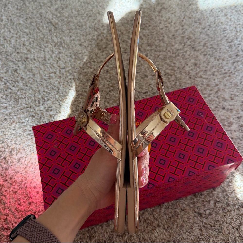Tory Burch Rose Gold Mirrored Metallic Patent Leather Miller Sandal - Picture 7 of 13